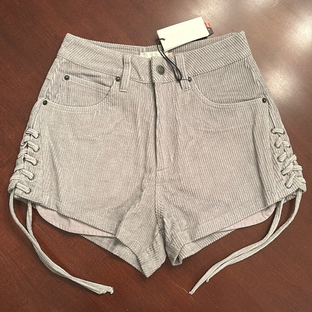 Brand New Honor The Gift Light Gray Stone Corduroy Lace Up High Waisted Shorts